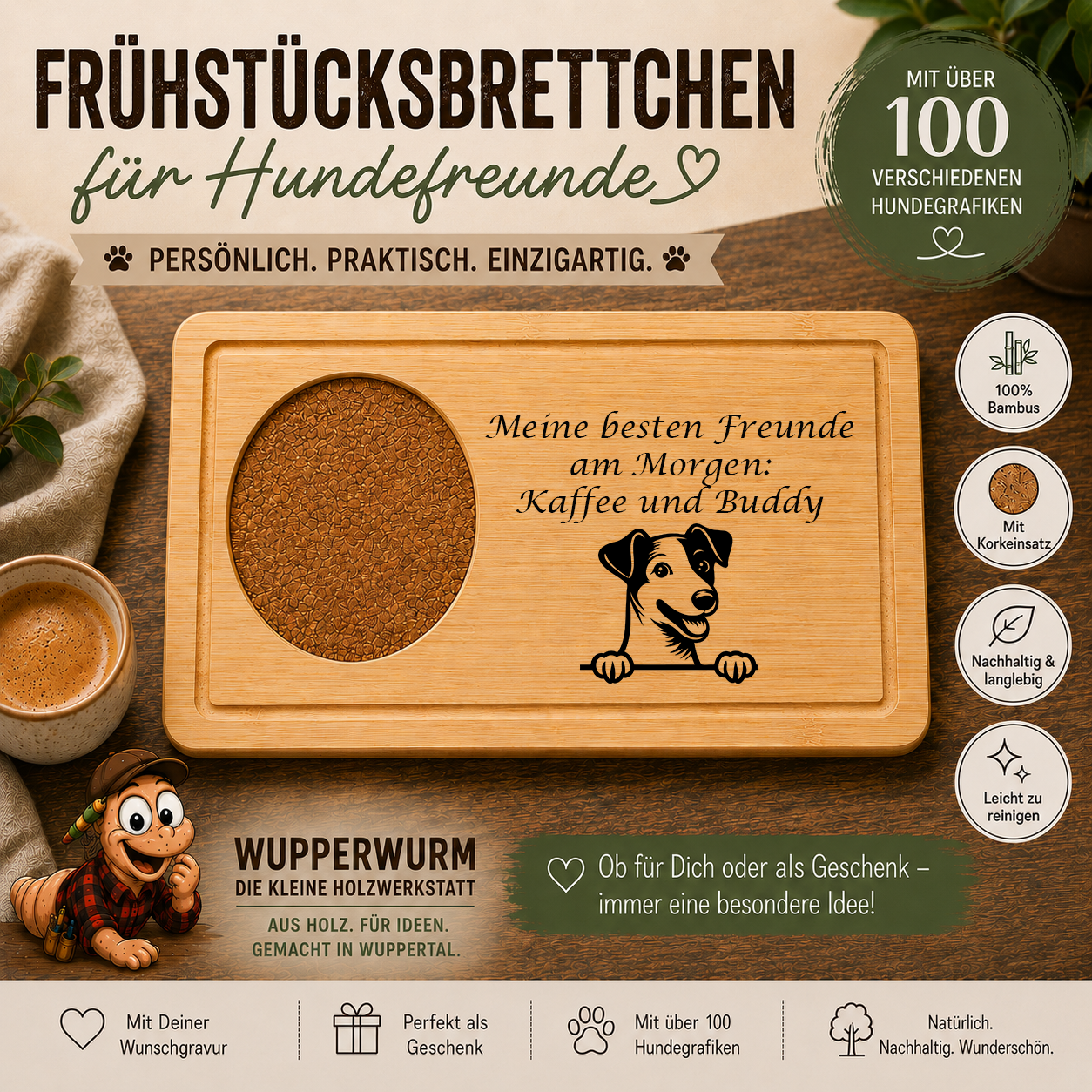 Jack Russell Terrier: Personalisiertes Frühstücksbrettchen für Hundefreunde – mit Wunschgravur & Hundemotiv