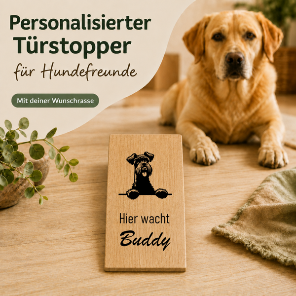 Kerry Blue Terrier: Personalisierter Türkeil / Türstopper für Hundefreunde mit Wunschgravur. Buche massiv
