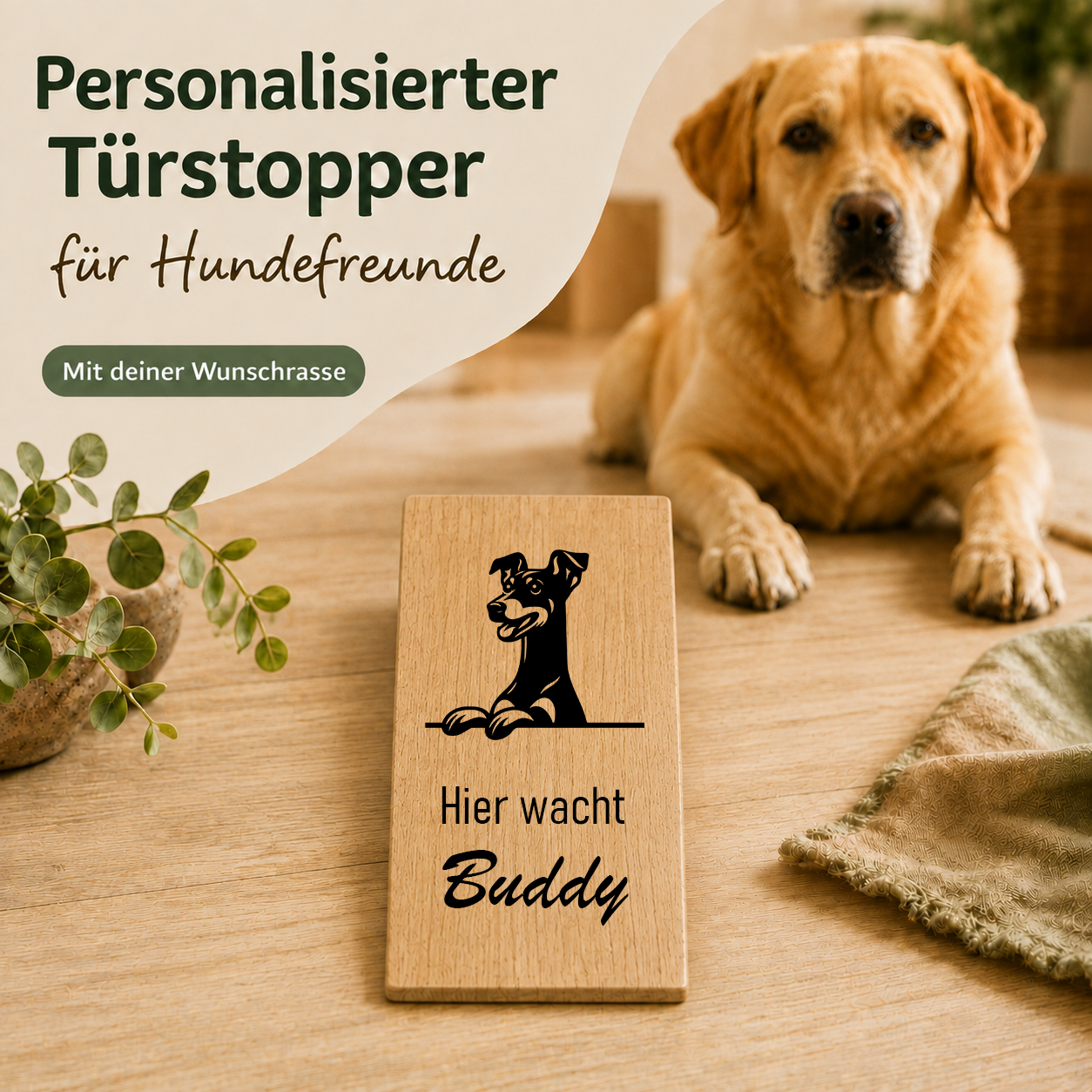 Manchester Terrier: Personalisierter Türkeil / Türstopper für Hundefreunde mit Wunschgravur. Buche massiv
