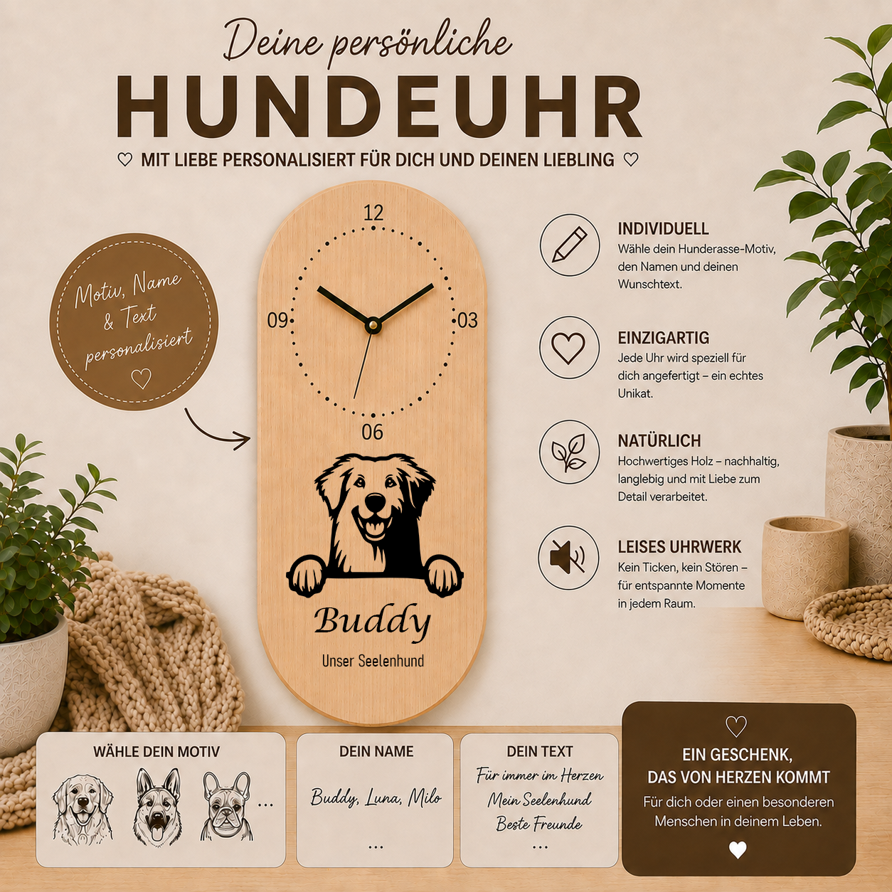 Maremmen-Abruzzen-Schäferhund: Personalisierte Hundeuhr | Wanduhr aus Holz | Geschenk für Hundefreunde & Hundebesitzer