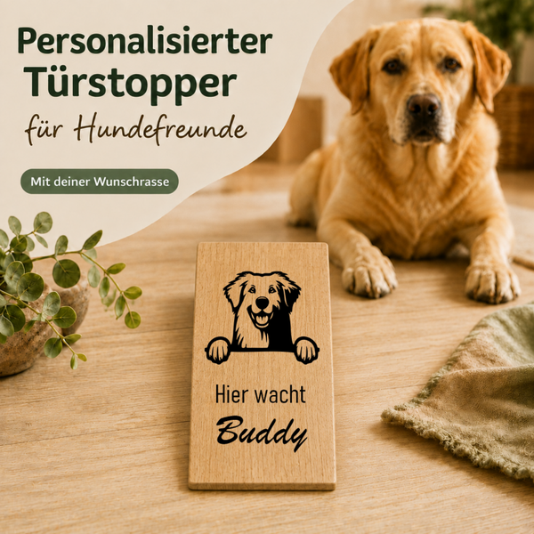 Maremmen-Abruzzen-Schäferhund: Personalisierter Türkeil / Türstopper für Hundefreunde mit Wunschgravur. Buche massiv