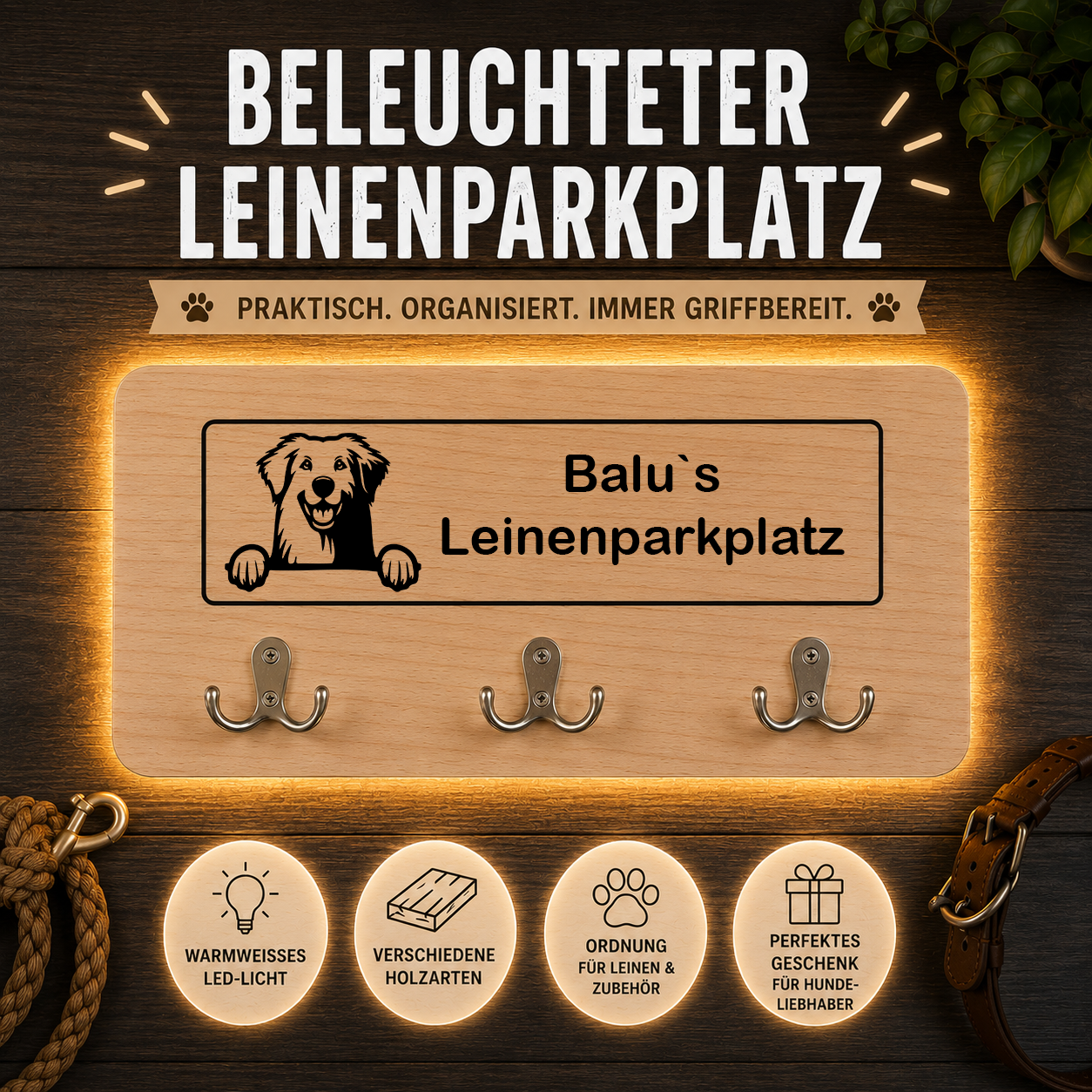Maremmen-Abruzzen-Schäferhund: Beleuchteter Leinenparkplatz – personalisiert mit Name & Hundemotiv