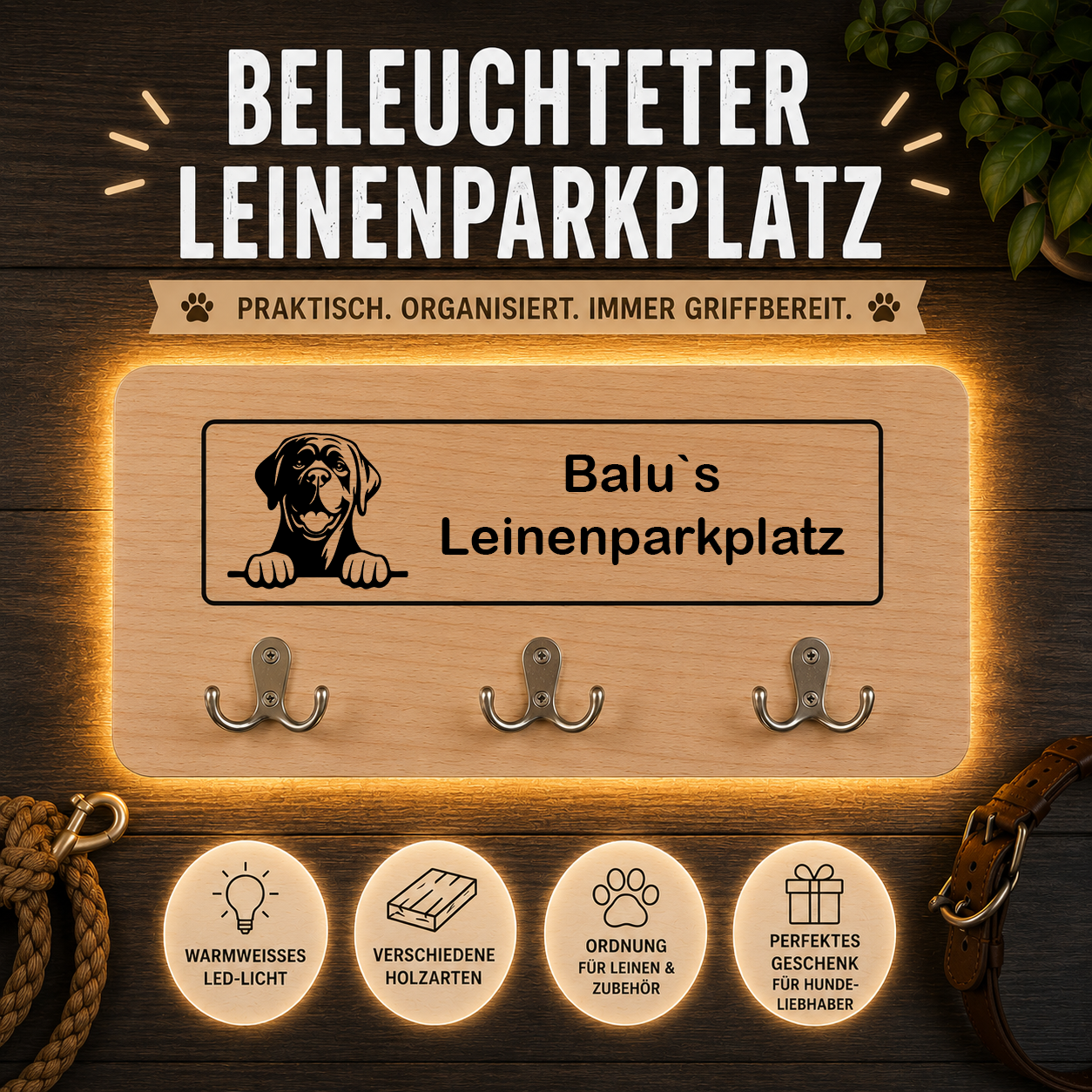 Mastiff: Beleuchteter Leinenparkplatz – personalisiert mit Name & Hundemotiv