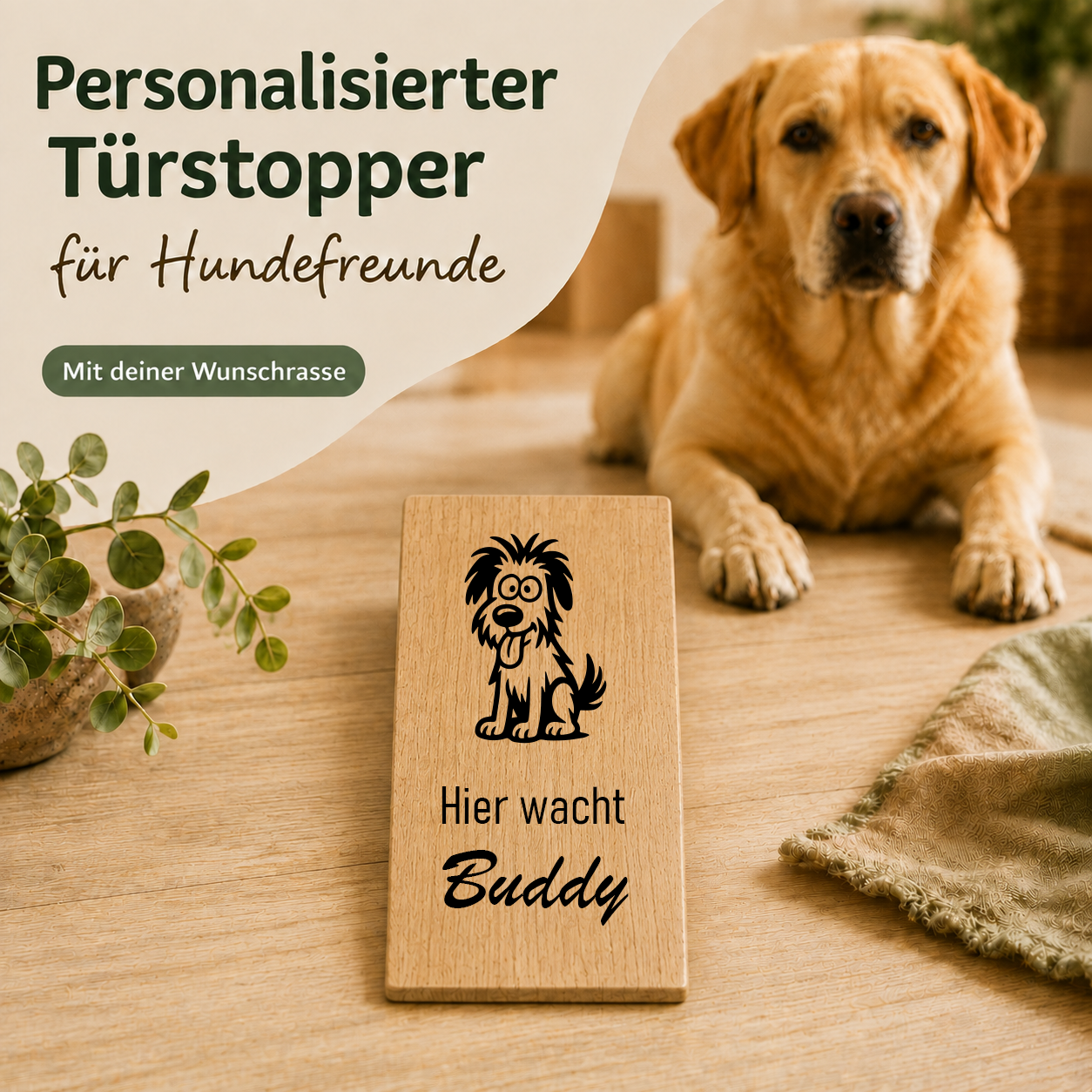 Mischling 001: Personalisierter Türkeil / Türstopper für Hundefreunde mit Wunschgravur. Buche massiv