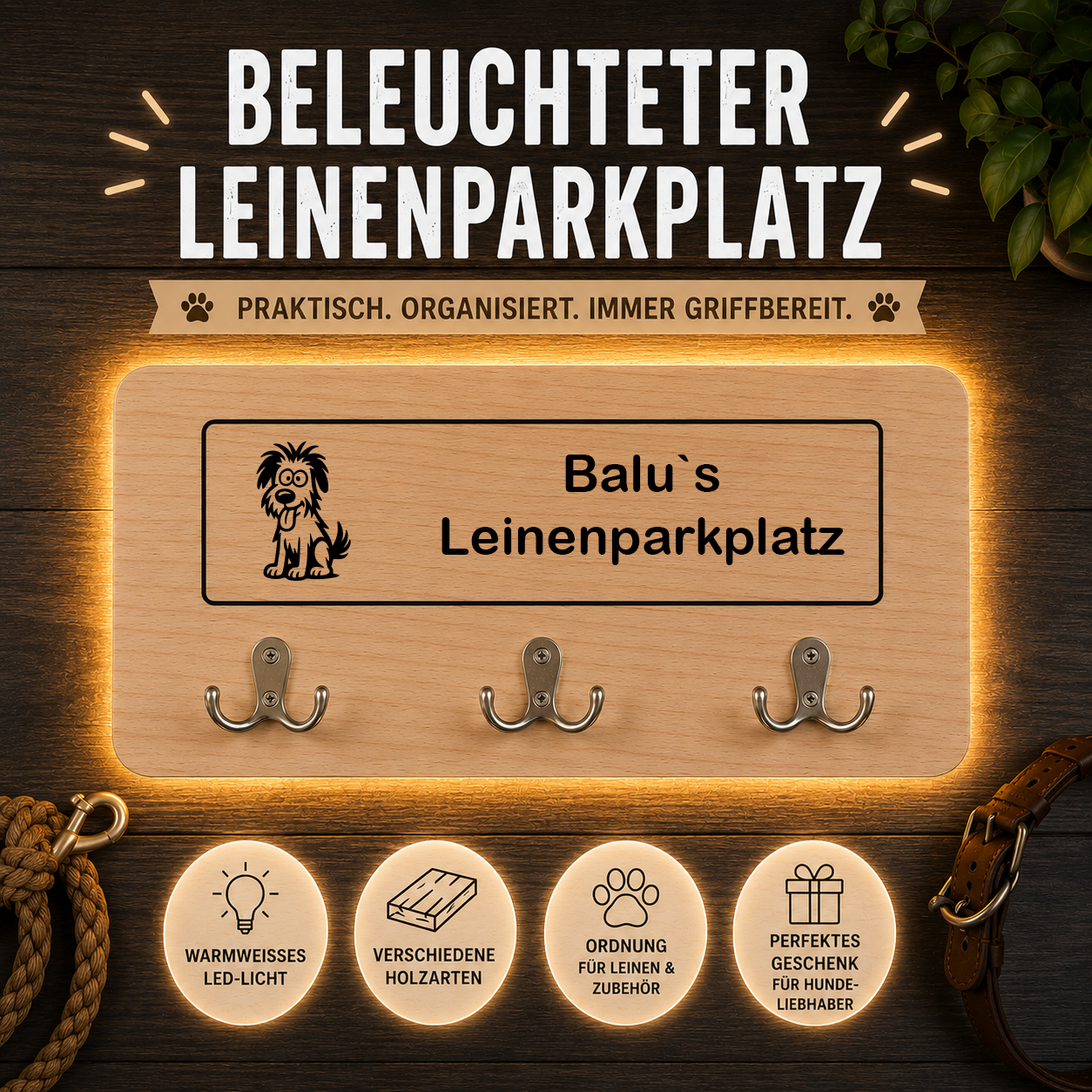 Mischling: Beleuchteter Leinenparkplatz – personalisiert mit Name & Hundemotiv