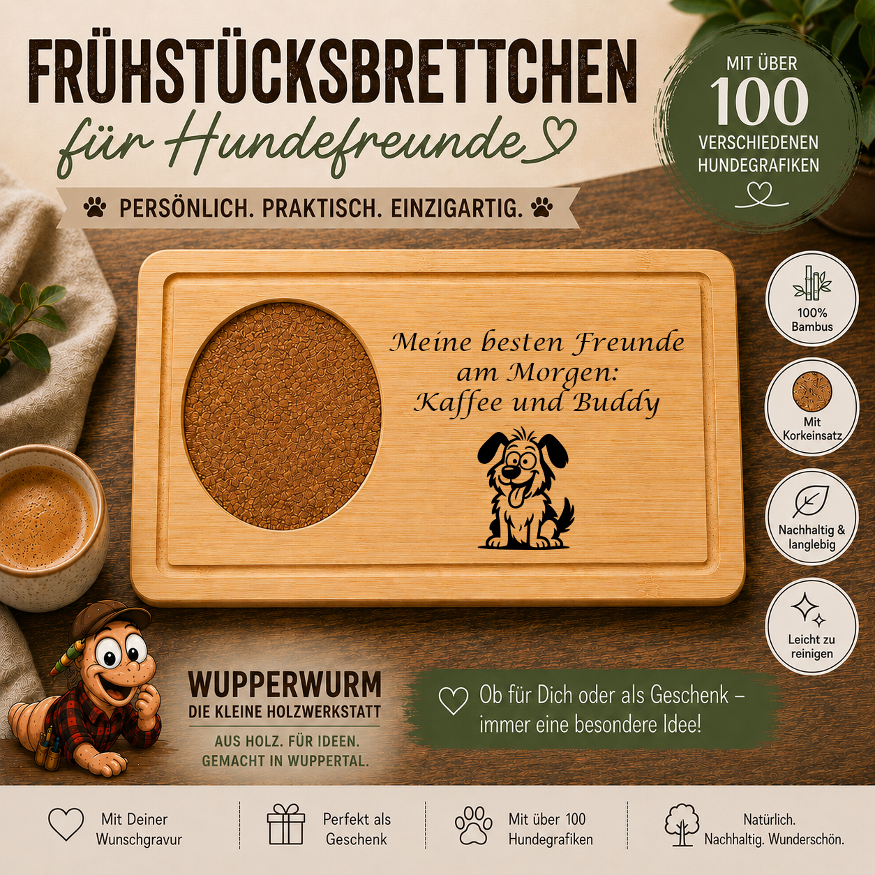 Mischling 009: Personalisiertes Frühstücksbrettchen für Hundefreunde – mit Wunschgravur & Hundemotiv