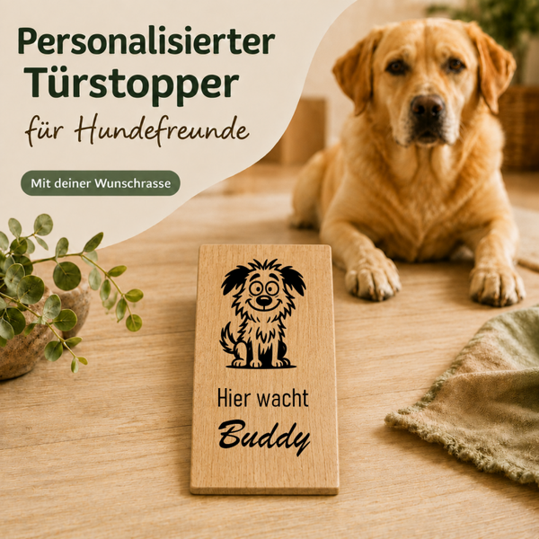 Mischling 013: Personalisierter Türkeil / Türstopper für Hundefreunde mit Wunschgravur. Buche massiv