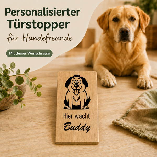 Mischling 053: Personalisierter Türkeil / Türstopper für Hundefreunde mit Wunschgravur. Buche massiv