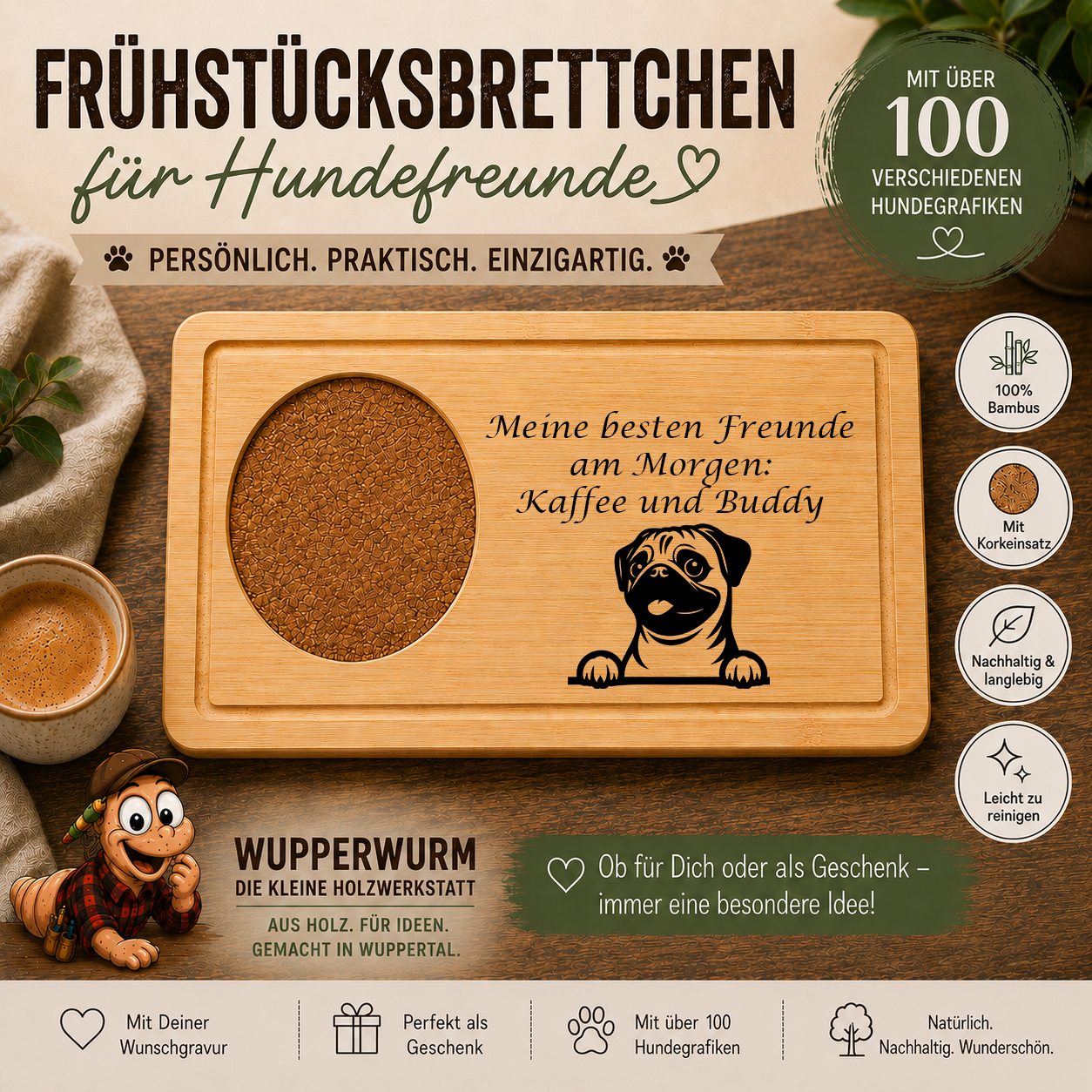 Mops: Personalisiertes Frühstücksbrettchen für Hundefreunde – mit Wunschgravur & Hundemotiv
