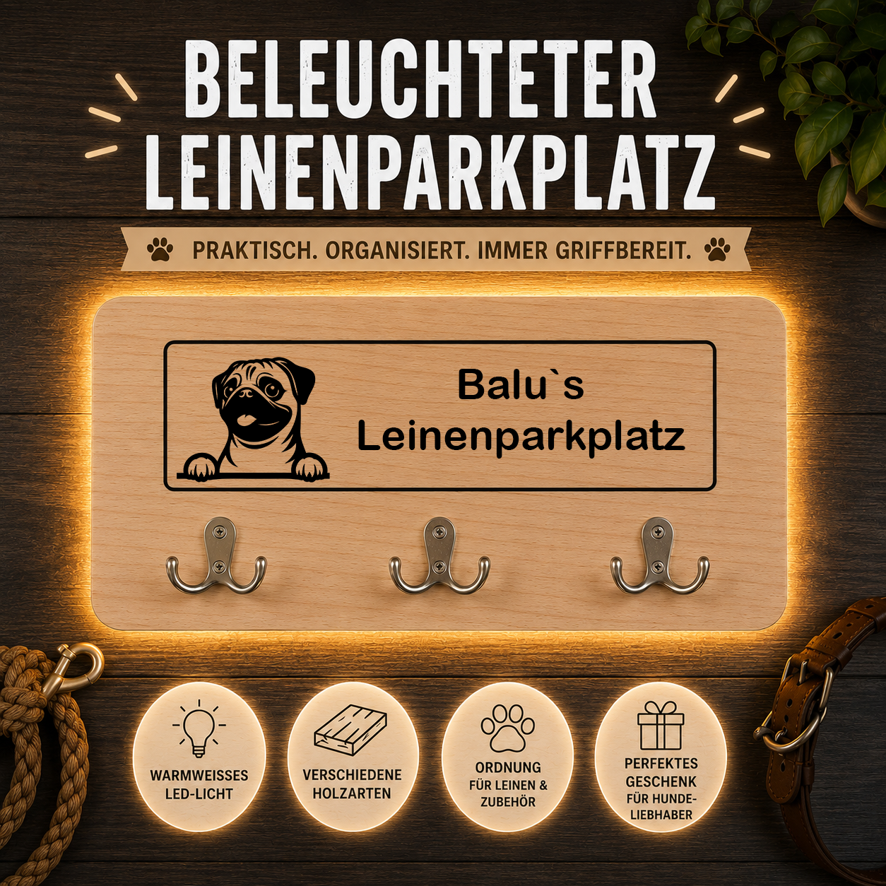 Mops: Beleuchteter Leinenparkplatz – personalisiert mit Name & Hundemotiv