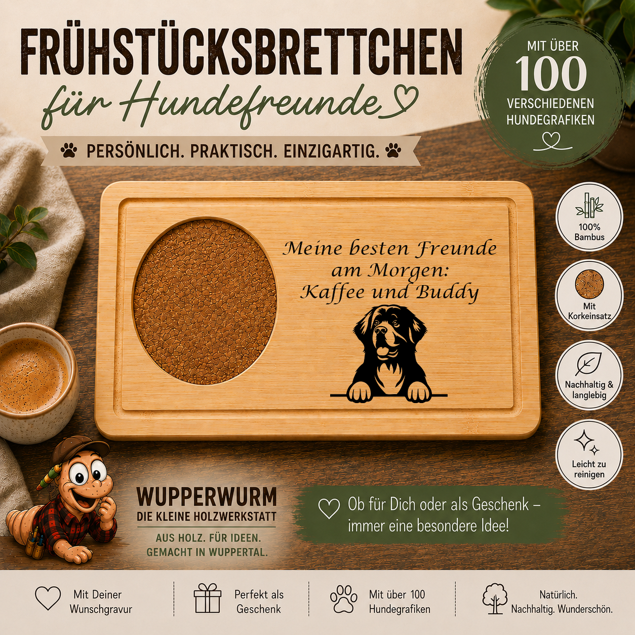 Neufundländer: Personalisiertes Frühstücksbrettchen für Hundefreunde – mit Wunschgravur & Hundemotiv