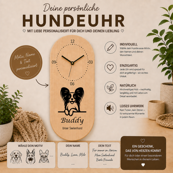 Papillon: Personalisierte Hundeuhr | Wanduhr aus Holz | Geschenk für Hundefreunde & Hundebesitzer