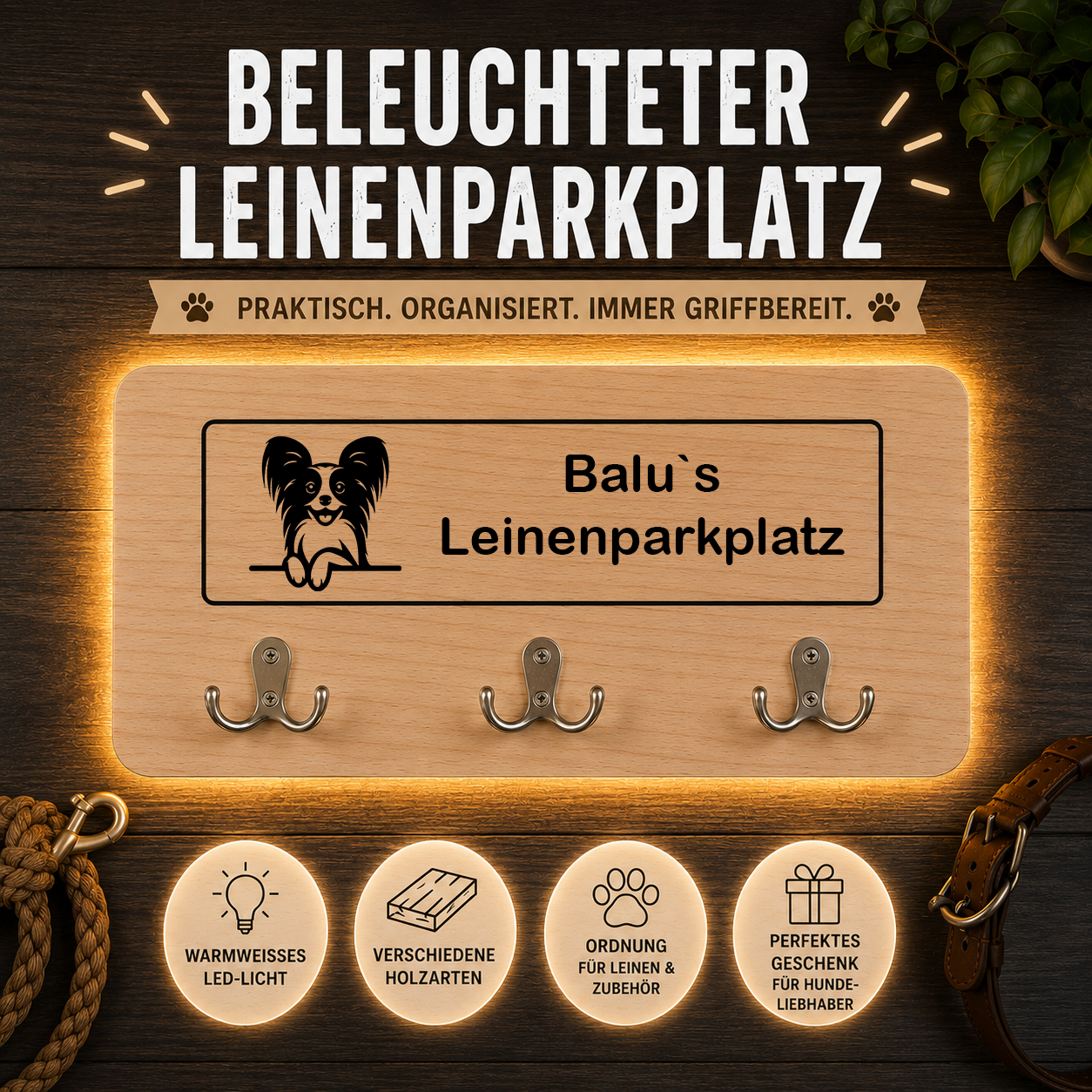 Papillon: Beleuchteter Leinenparkplatz – personalisiert mit Name & Hundemotiv