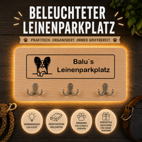 Papillon: Beleuchteter Leinenparkplatz – personalisiert mit Name & Hundemotiv