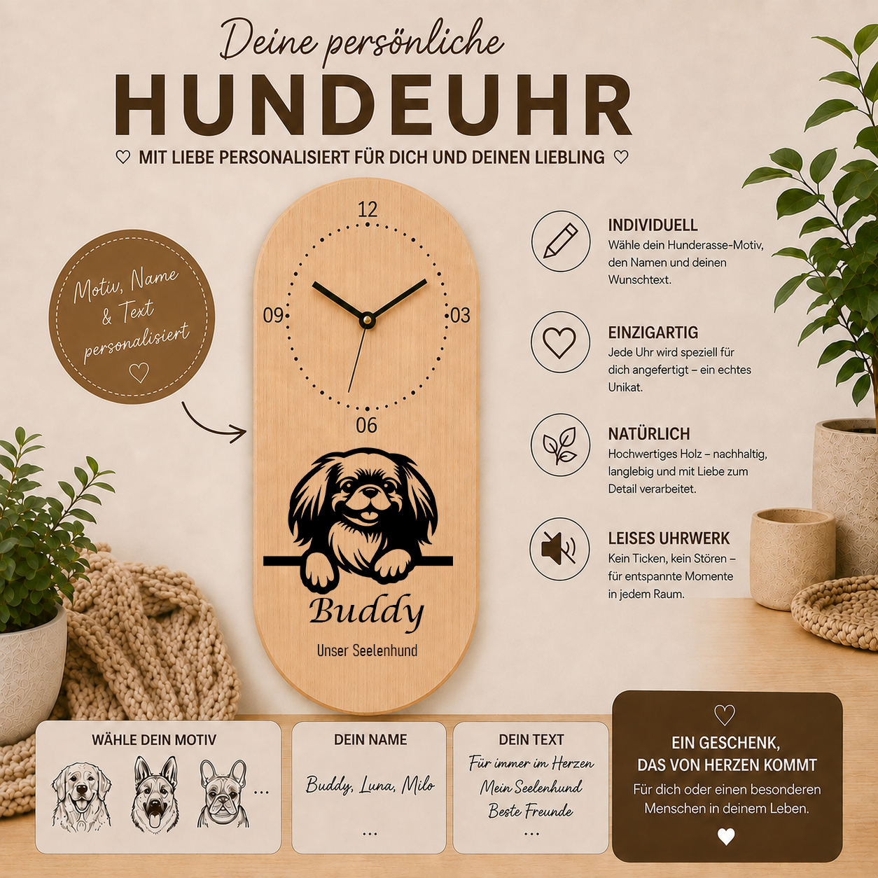 Pekingese: Personalisierte Hundeuhr | Wanduhr aus Holz | Geschenk für Hundefreunde & Hundebesitzer