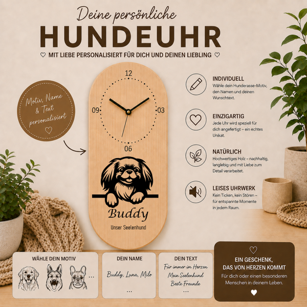 Pekingese: Personalisierte Hundeuhr | Wanduhr aus Holz | Geschenk für Hundefreunde & Hundebesitzer