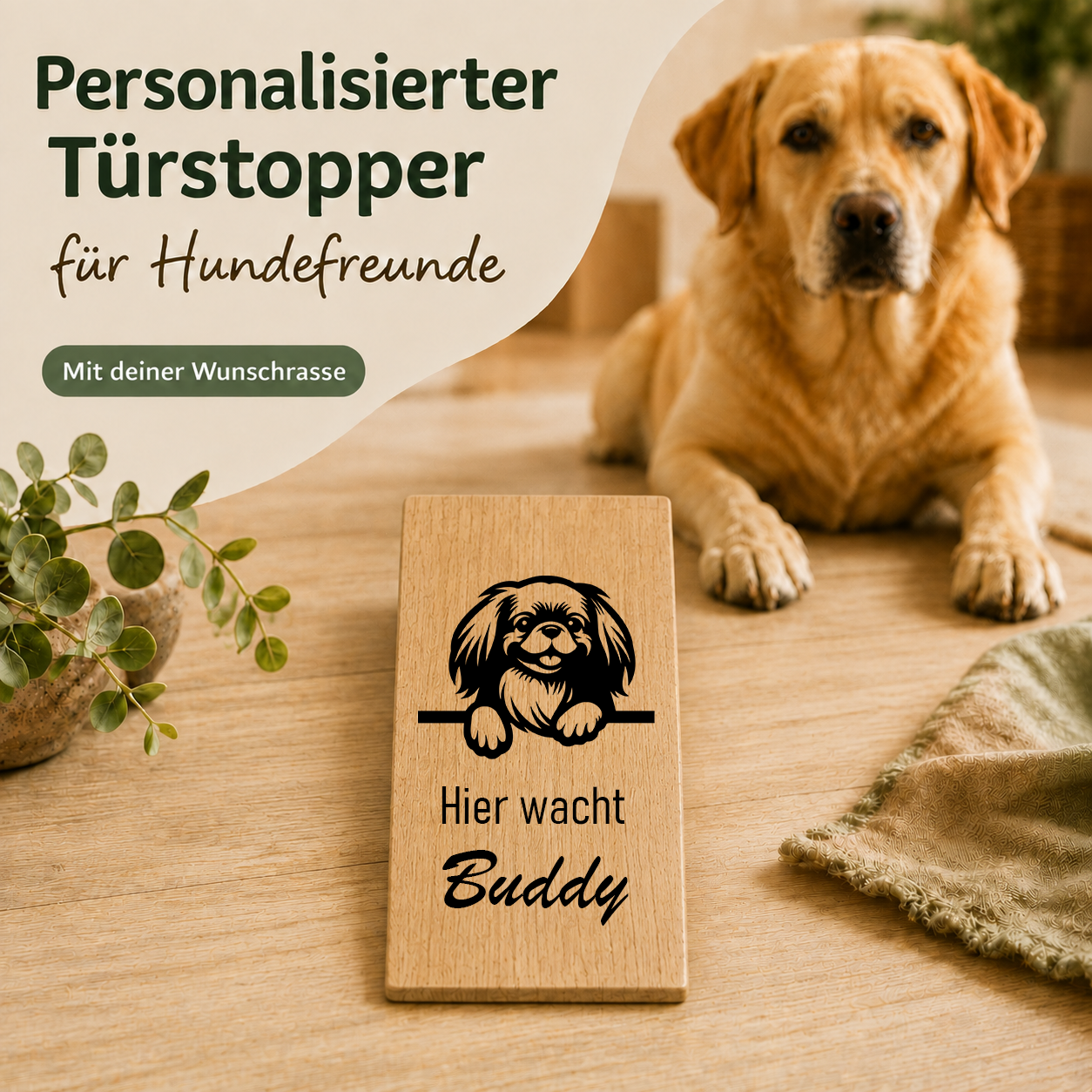 Pekingese: Personalisierter Türkeil / Türstopper für Hundefreunde mit Wunschgravur. Buche massiv