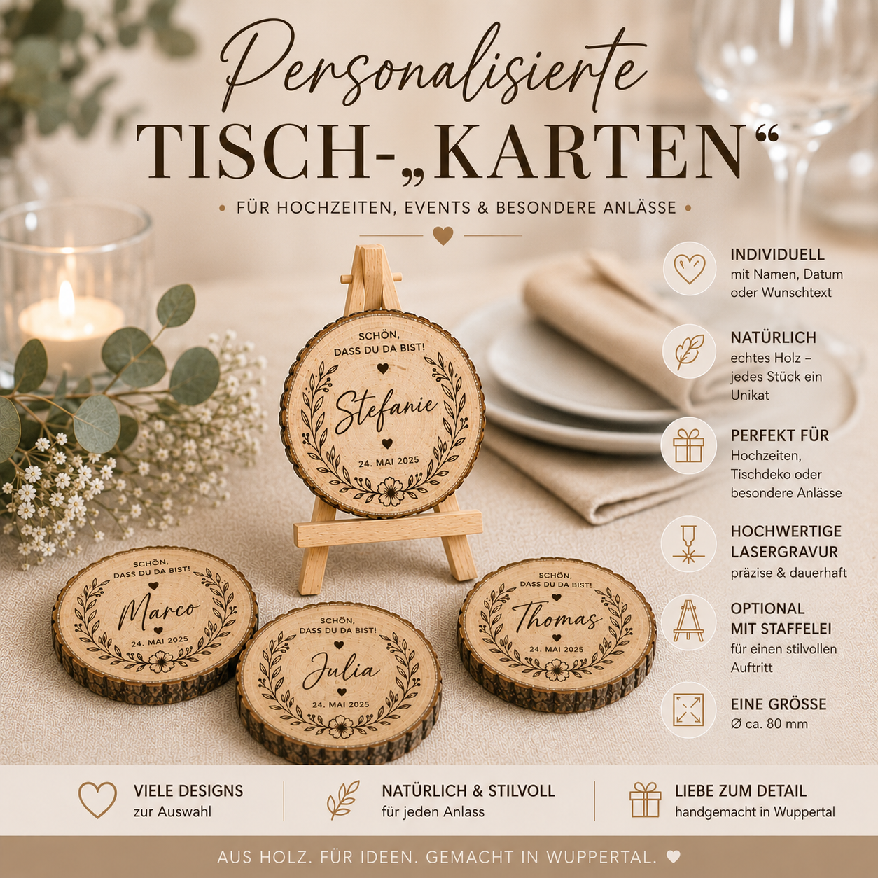 Personalisierte Tischkarten aus echten Baumscheiben