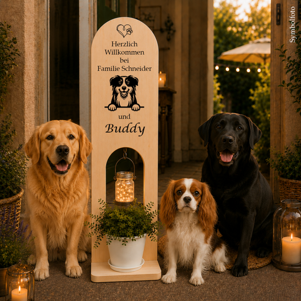 Australian Shepherd: Personalisiertes Willkommensschild aus Holz – unser einzigartiger Willkommensständer für Hundefreunde