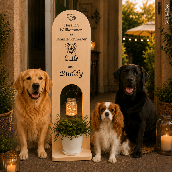 Mischling 019: Personalisiertes Willkommensschild aus Holz – unser einzigartiger Willkommensständer für Hundefreunde