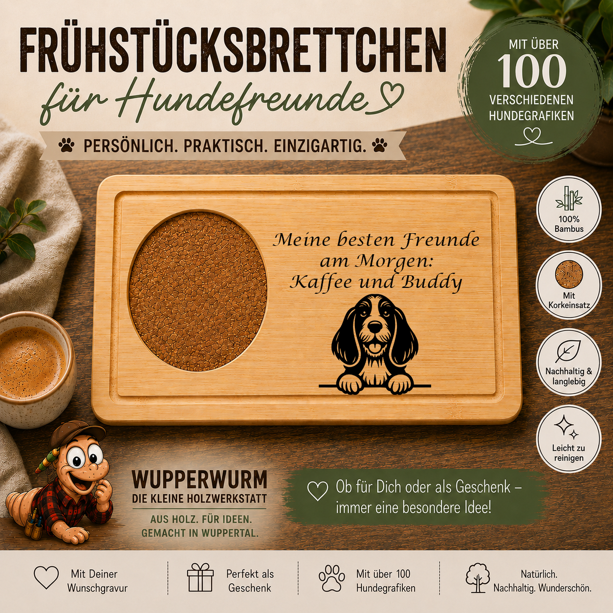Petit Basset Griffon Vendéen: Personalisiertes Frühstücksbrettchen für Hundefreunde – mit Wunschgravur & Hundemotiv
