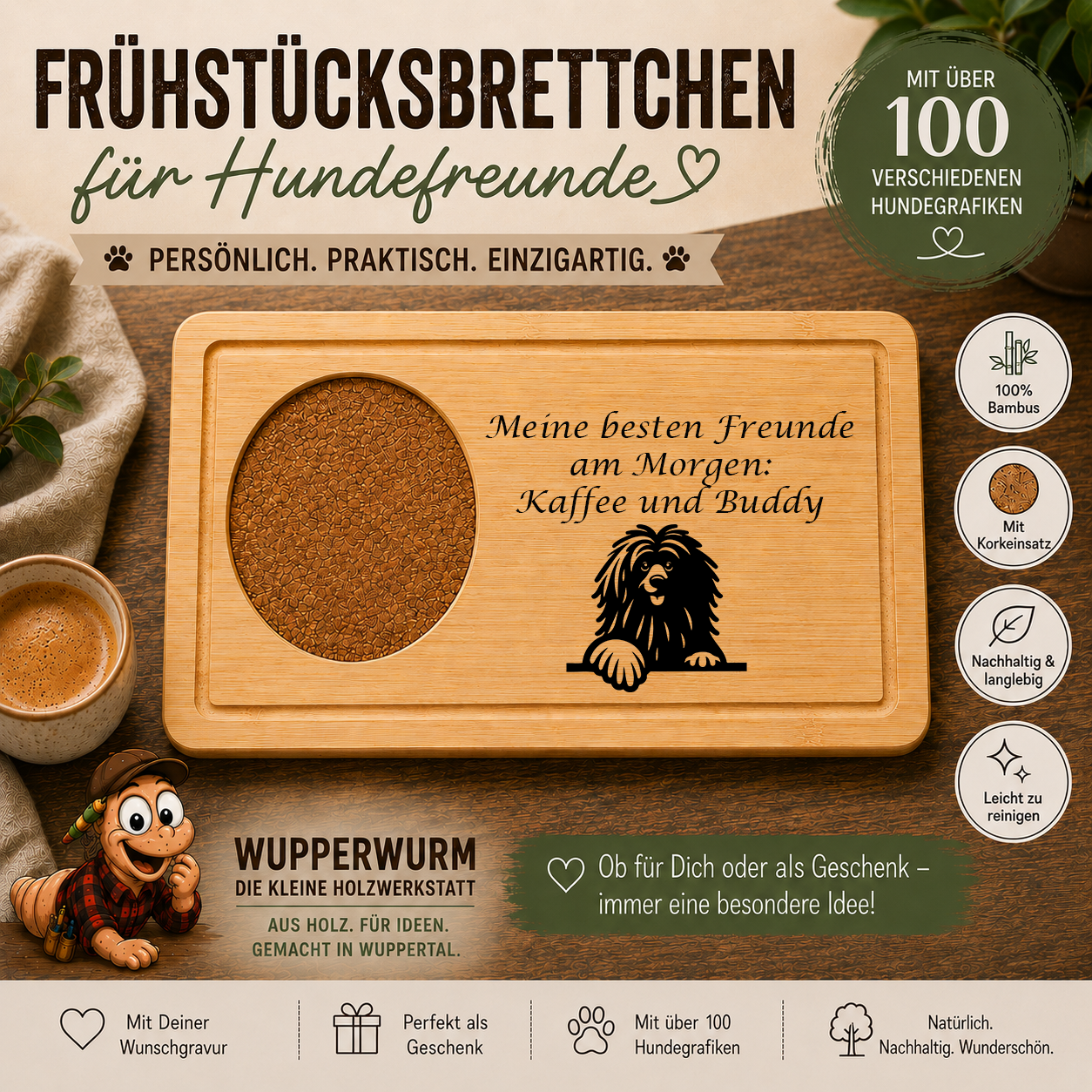 Puli: Personalisiertes Frühstücksbrettchen für Hundefreunde – mit Wunschgravur & Hundemotiv