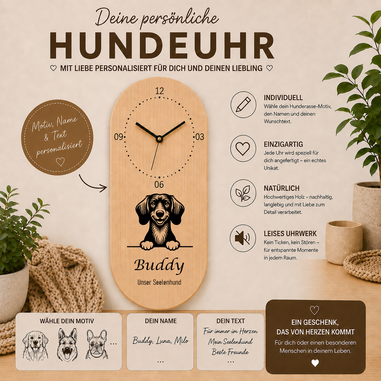 Rauhhaardackel: Personalisierte Hundeuhr | Wanduhr aus Holz | Geschenk für Hundefreunde & Hundebesitzer
