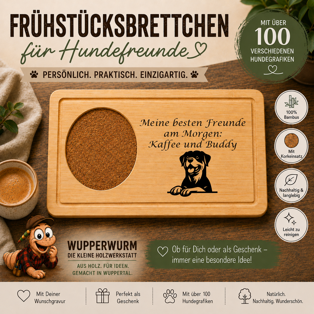 Rottweiler: Personalisiertes Frühstücksbrettchen für Hundefreunde – mit Wunschgravur & Hundemotiv