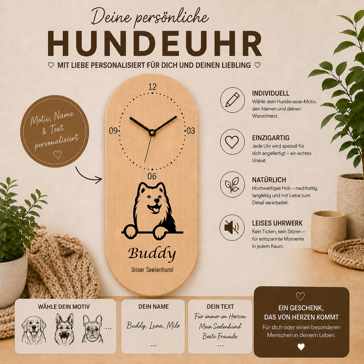Samojede: Personalisierte Hundeuhr | Wanduhr aus Holz | Geschenk für Hundefreunde & Hundebesitzer