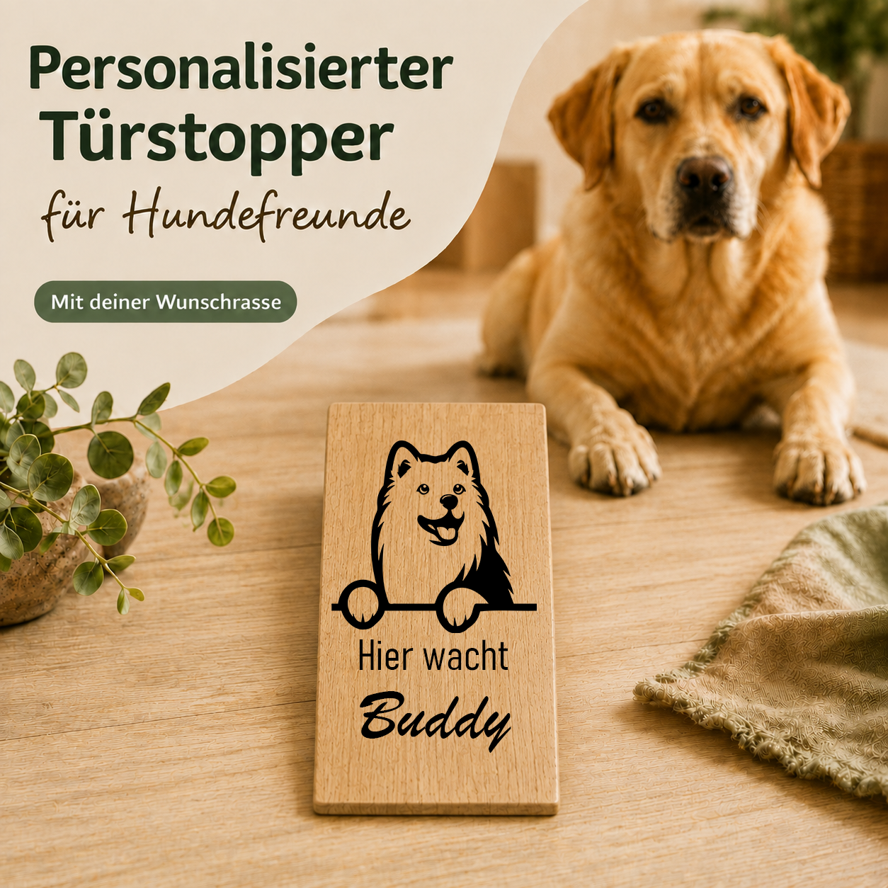 Samojede: Personalisierter Türkeil / Türstopper für Hundefreunde mit Wunschgravur. Buche massiv