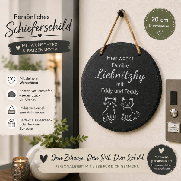 Personalisiertes Schieferschild rund 20 cm | Türschild mit Wunschtext | Haustürschild mit Wunschmotiv | Namensschild aus Naturschiefer