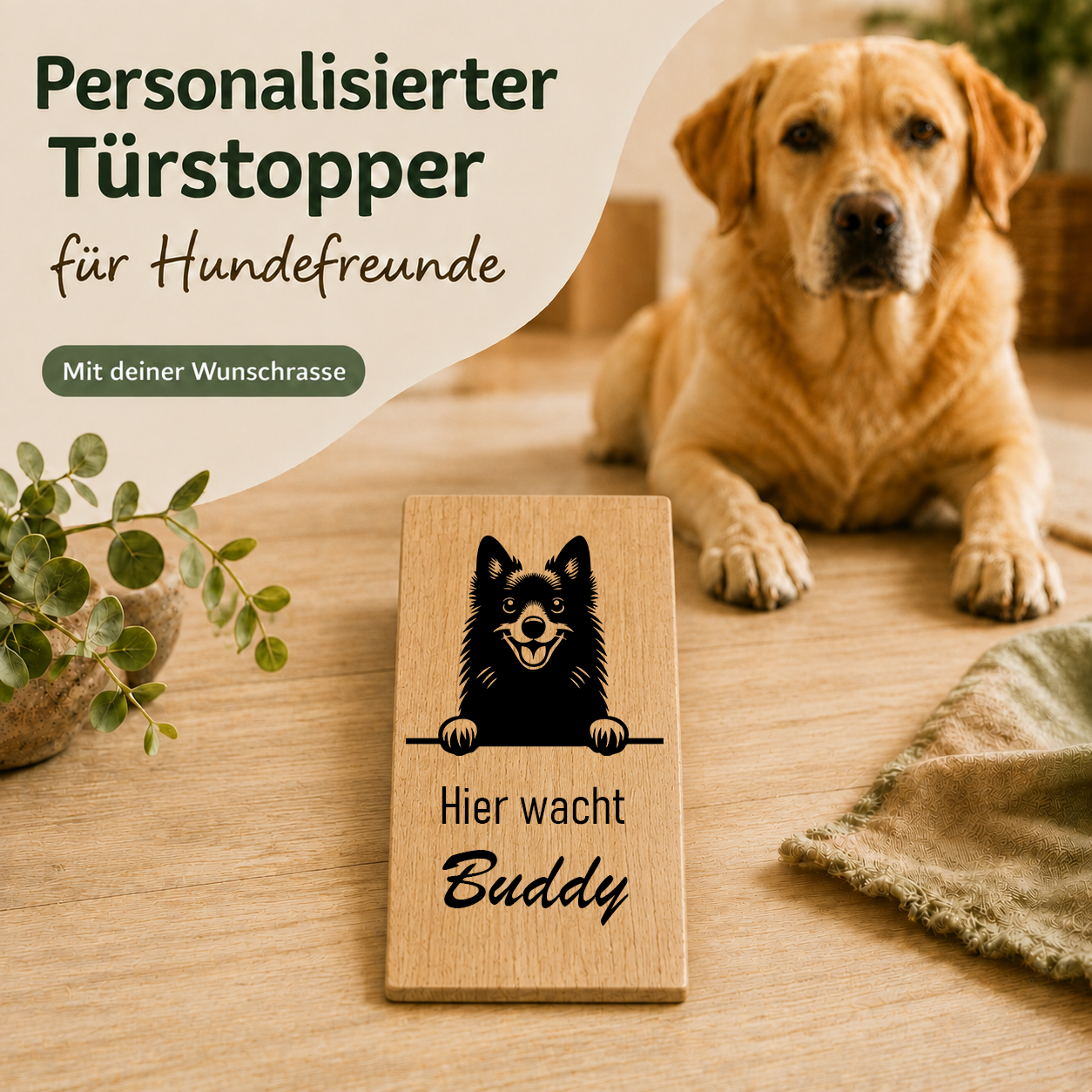 Schipperke: Personalisierter Türkeil / Türstopper für Hundefreunde mit Wunschgravur. Buche massiv