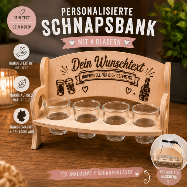 Personalisierte Schnapsbank aus Holz mit 4 Schnapsgläsern – das Geschenk für jeden Anlass