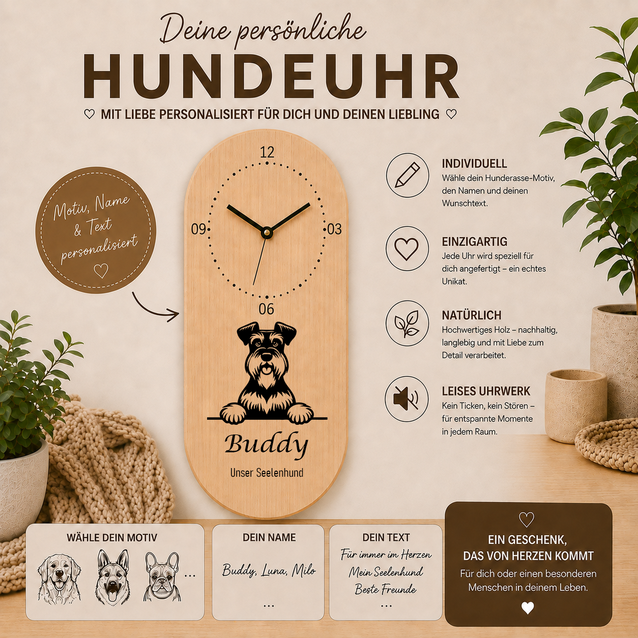 Schnauzer: Personalisierte Hundeuhr | Wanduhr aus Holz | Geschenk für Hundefreunde & Hundebesitzer