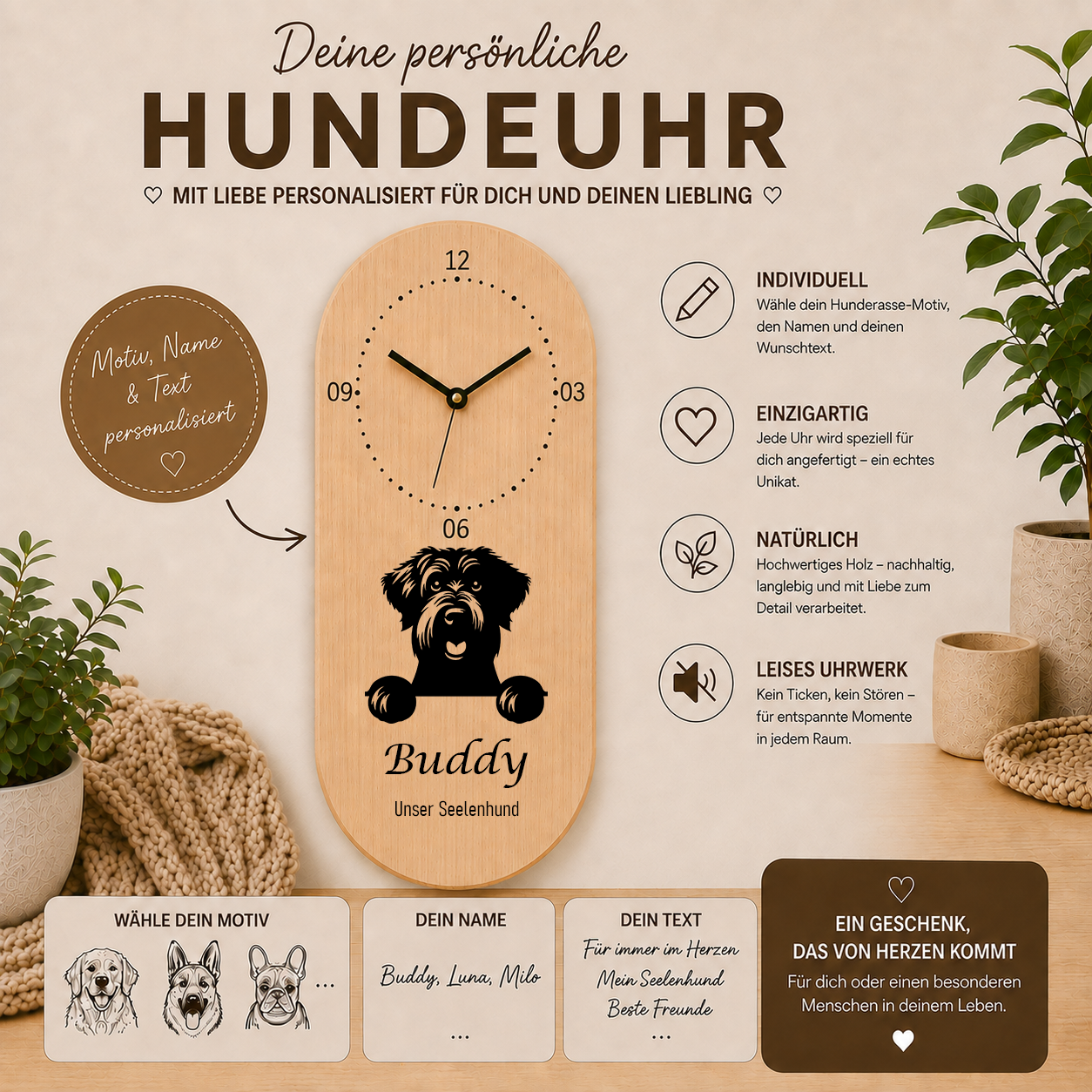 Schwarzer Russischer Terrier: Personalisierte Hundeuhr | Wanduhr aus Holz | Geschenk für Hundefreunde & Hundebesitzer