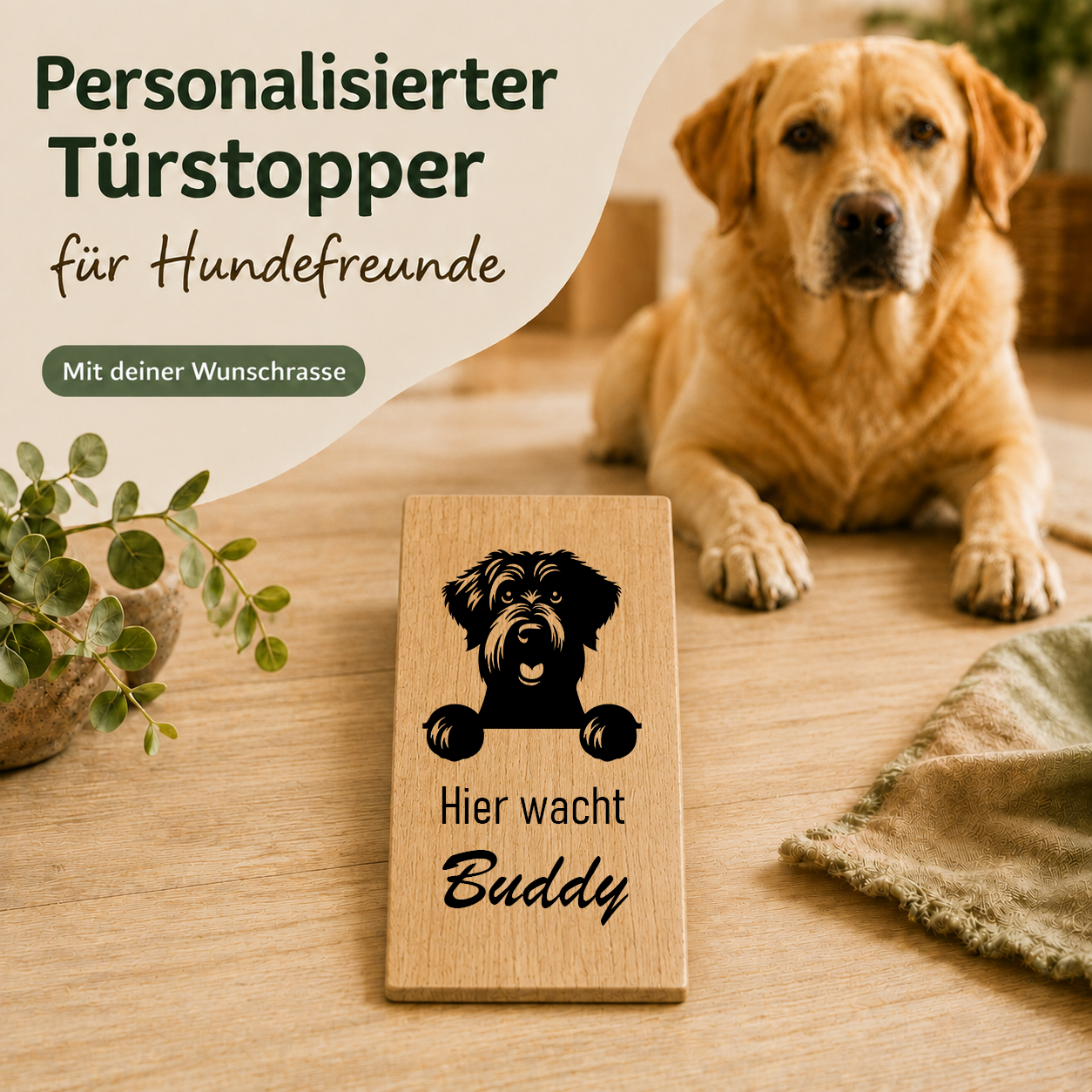 Schwarzer Russischer Terrier: Personalisierter Türkeil / Türstopper für Hundefreunde mit Wunschgravur. Buche massiv