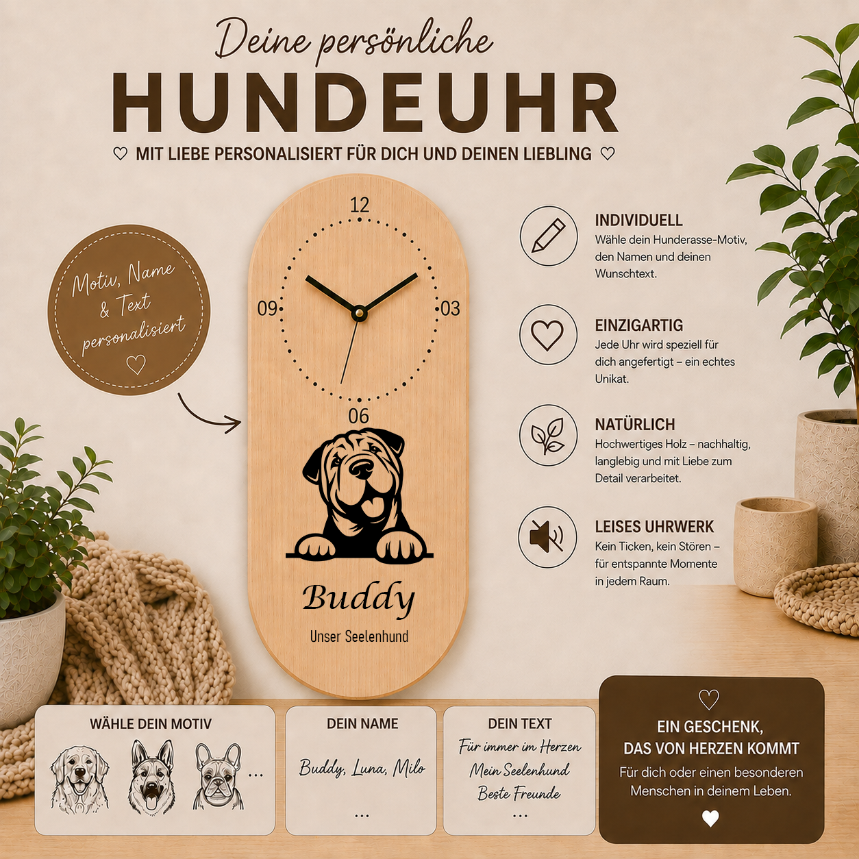 Shar Pei: Personalisierte Hundeuhr | Wanduhr aus Holz | Geschenk für Hundefreunde & Hundebesitzer