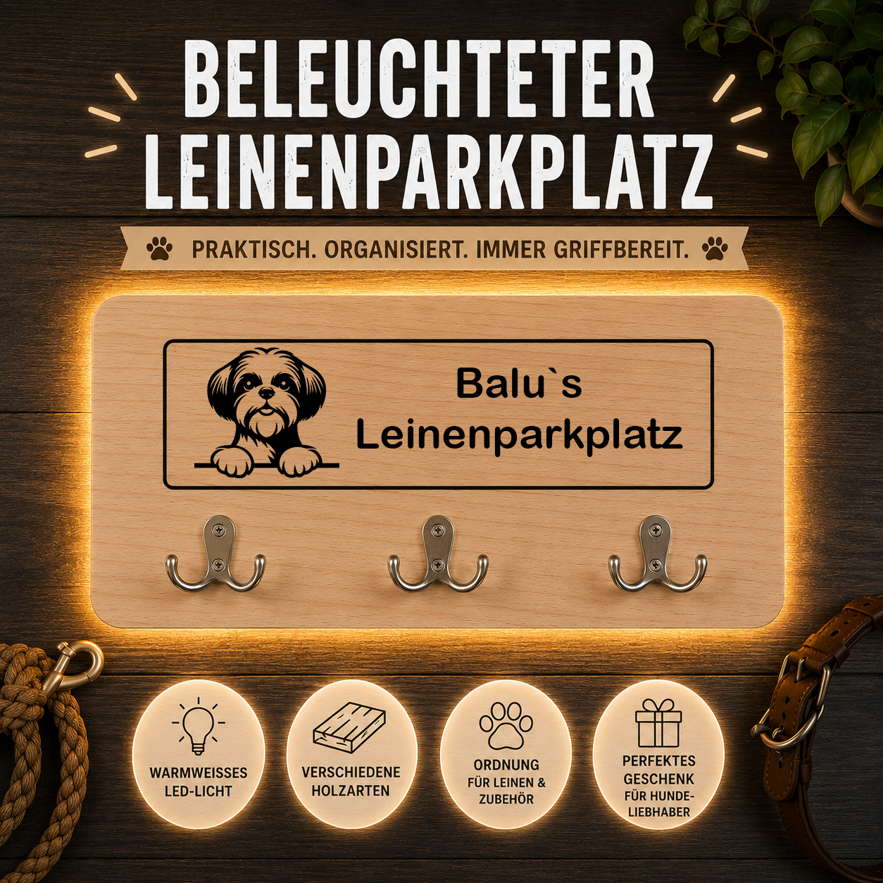 Shih Tzu: Beleuchteter Leinenparkplatz – personalisiert mit Name & Hundemotiv