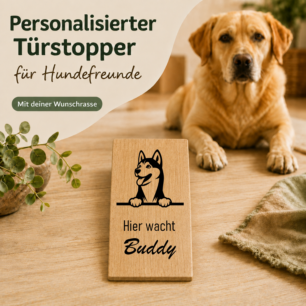 Siberian Husky: Personalisierter Türkeil / Türstopper für Hundefreunde mit Wunschgravur. Buche massiv