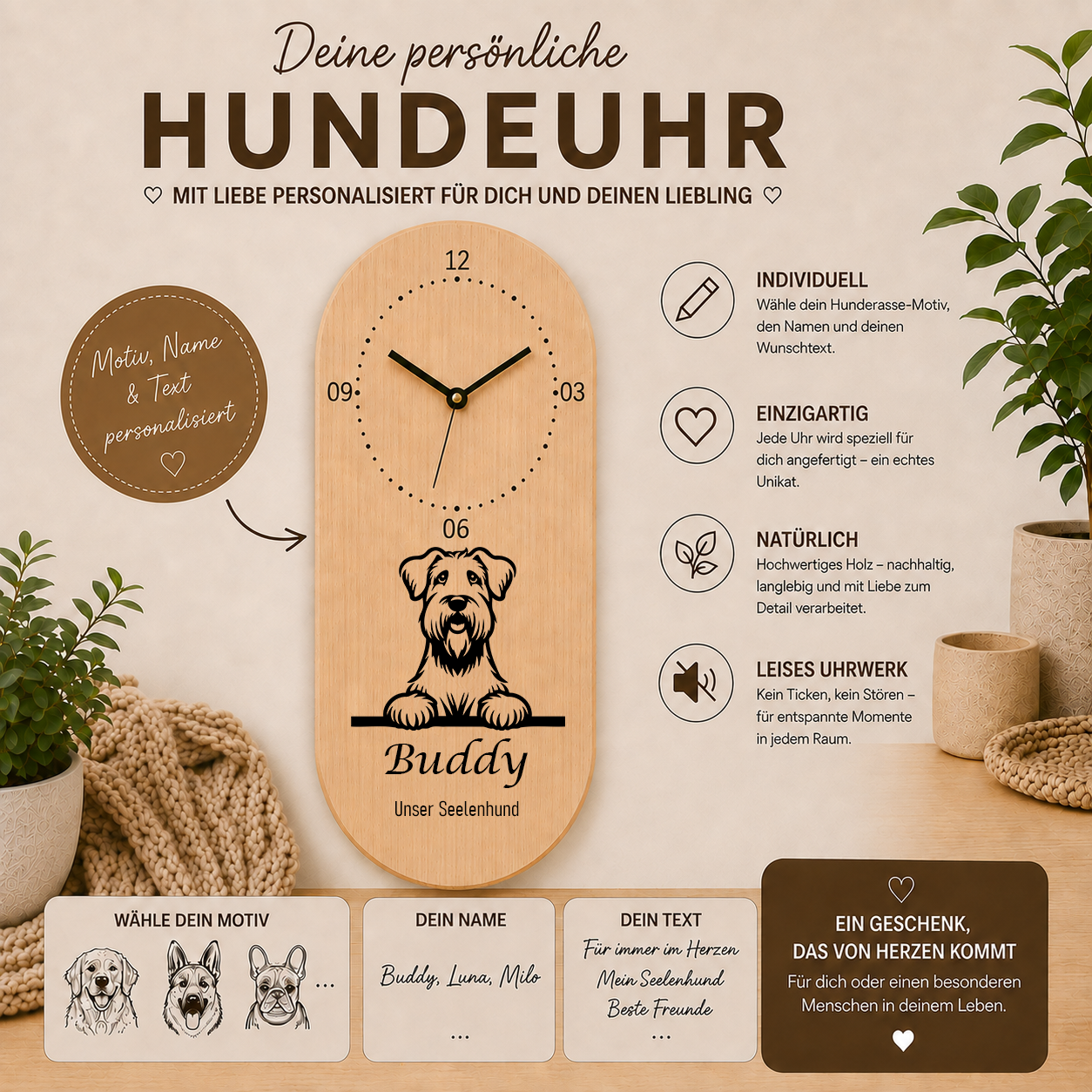 Soft Coated Wheaten Terrier: Personalisierte Hundeuhr | Wanduhr aus Holz | Geschenk für Hundefreunde & Hundebesitzer