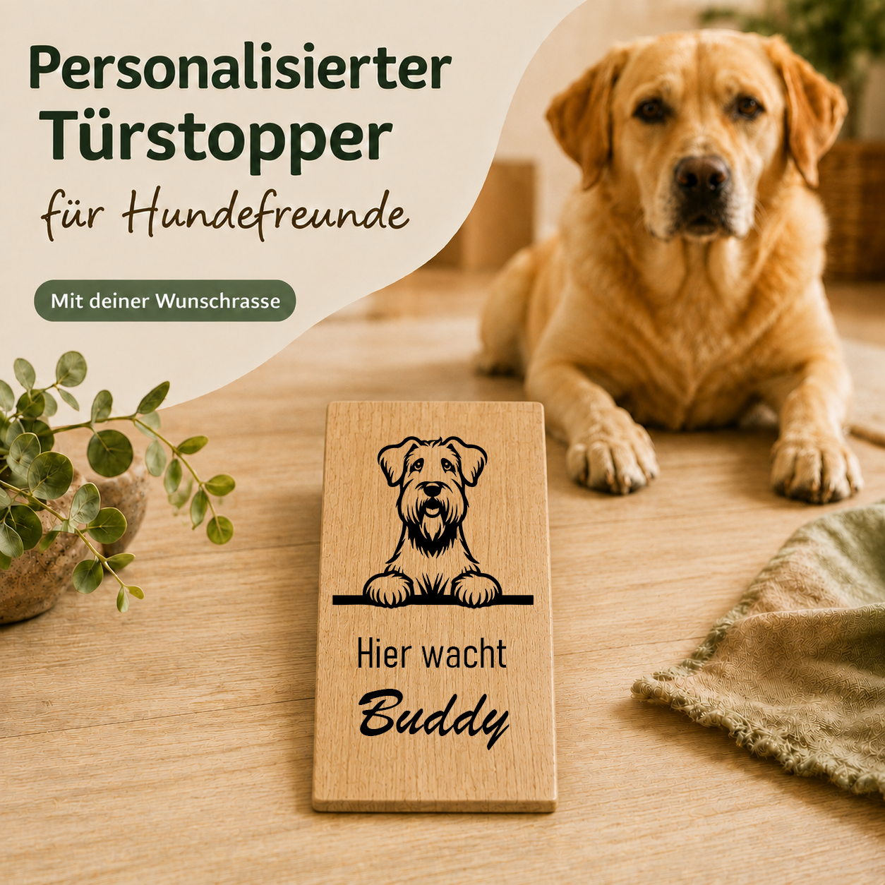 Soft Coated Wheaten Terrier: Personalisierter Türkeil / Türstopper für Hundefreunde mit Wunschgravur. Buche massiv