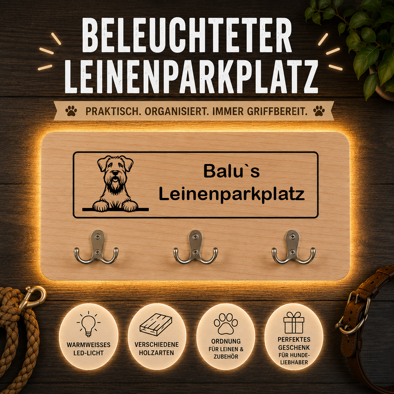 Soft Coated Wheaten Terrier: Beleuchteter Leinenparkplatz – personalisiert mit Name & Hundemotiv
