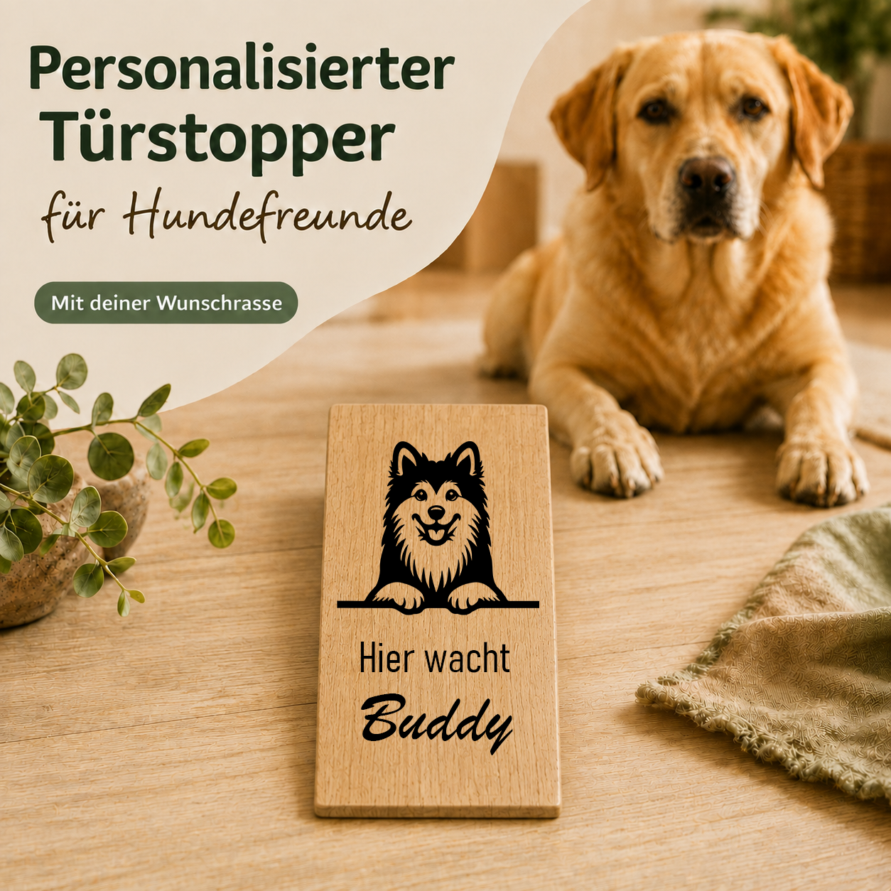 Spitz: Personalisierter Türkeil / Türstopper für Hundefreunde mit Wunschgravur. Buche massiv