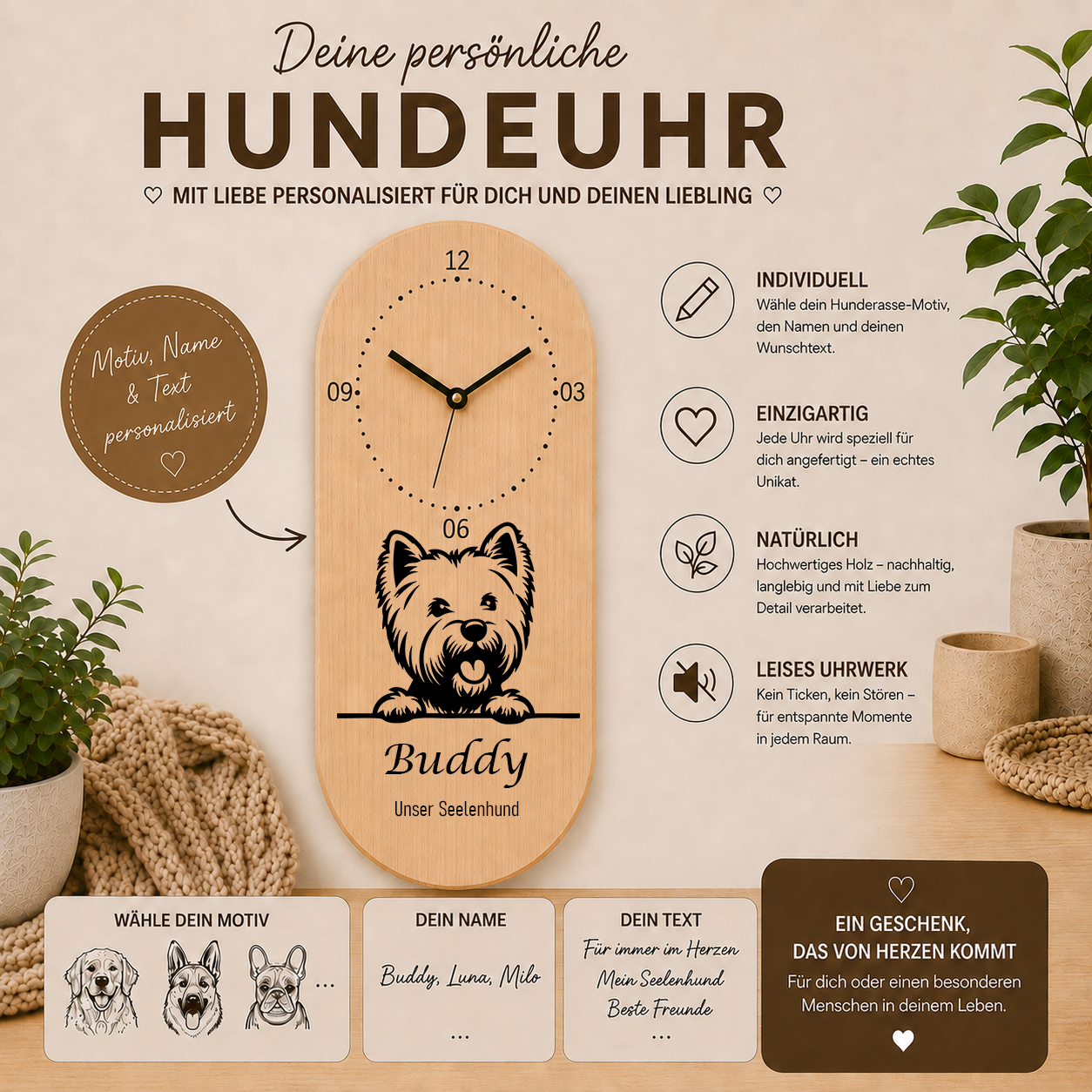 West Highland White Terrier: Personalisierte Hundeuhr | Wanduhr aus Holz | Geschenk für Hundefreunde & Hundebesitzer