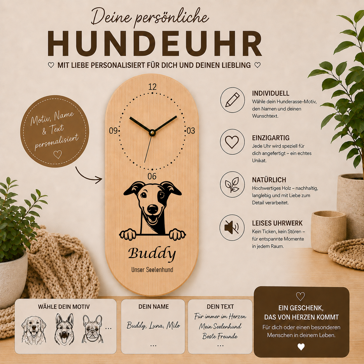 Whippet: Personalisierte Hundeuhr | Wanduhr aus Holz | Geschenk für Hundefreunde & Hundebesitzer