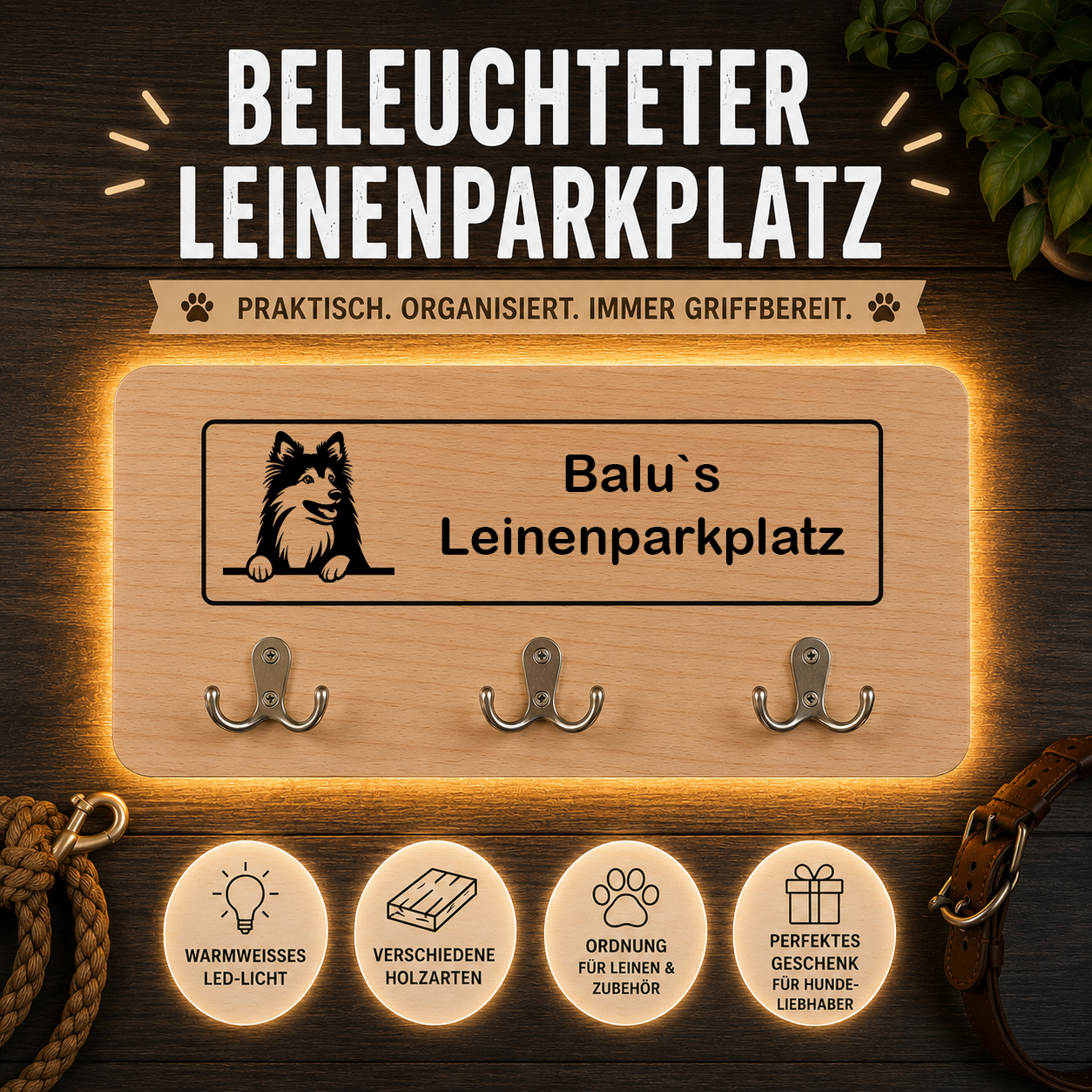 Wolfsspitz (Keeshound): Beleuchteter Leinenparkplatz – personalisiert mit Name & Hundemotiv