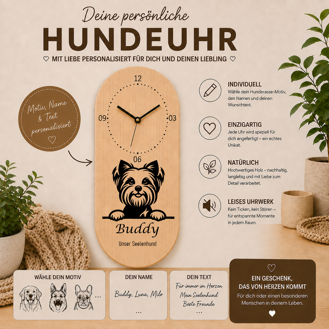 Yorkshire Terrier: Personalisierte Hundeuhr | Wanduhr aus Holz | Geschenk für Hundefreunde & Hundebesitzer