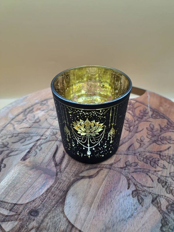 Bougeoir noir fleur de lotus doré
