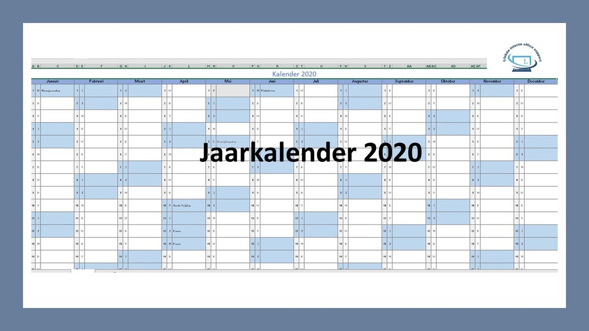 Excel Jaarkalender 2020 LiVAda interim office support
