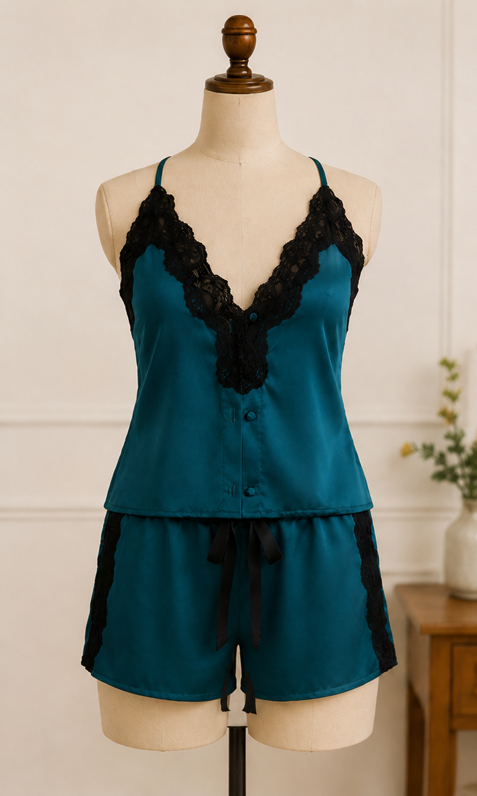 Ensemble de nuit satiné bleu canard & dentelle noire